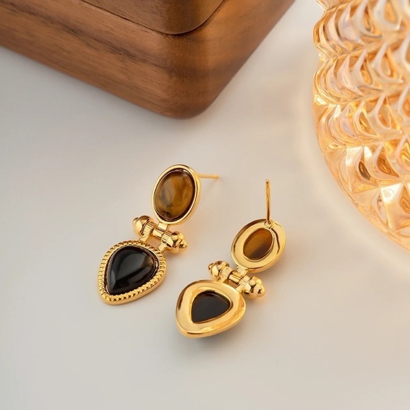 18K Gold Plated Natural Stone Tiger Eye Earrings - Picture 4 of 8